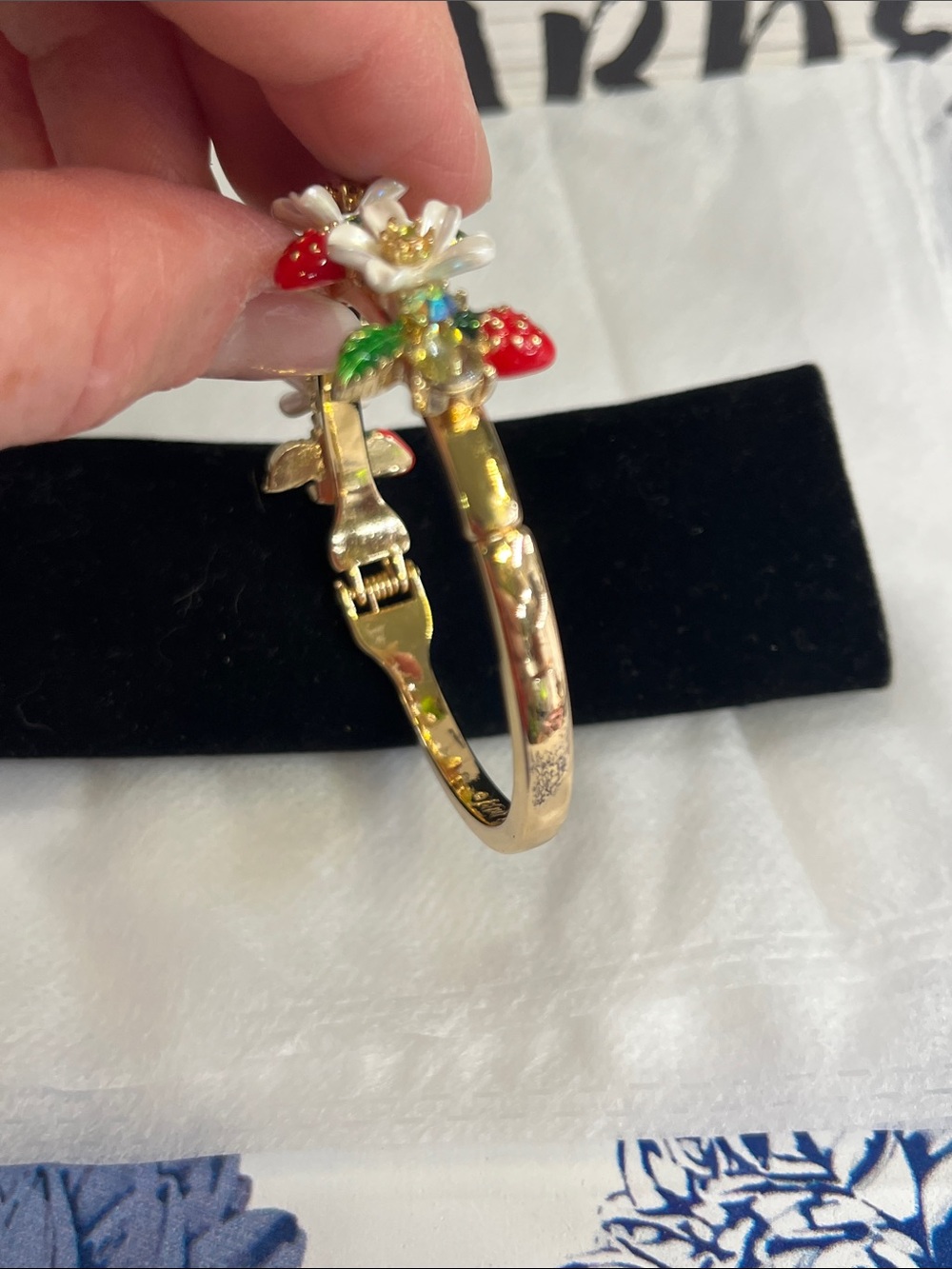 Betsey Johnson Gold Floral & Strawberry Hinged Bangle Bracelet - Multicolor - Picture 7 of 7